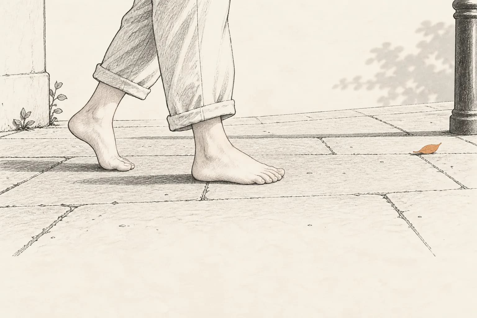 赤脚走在石板路上